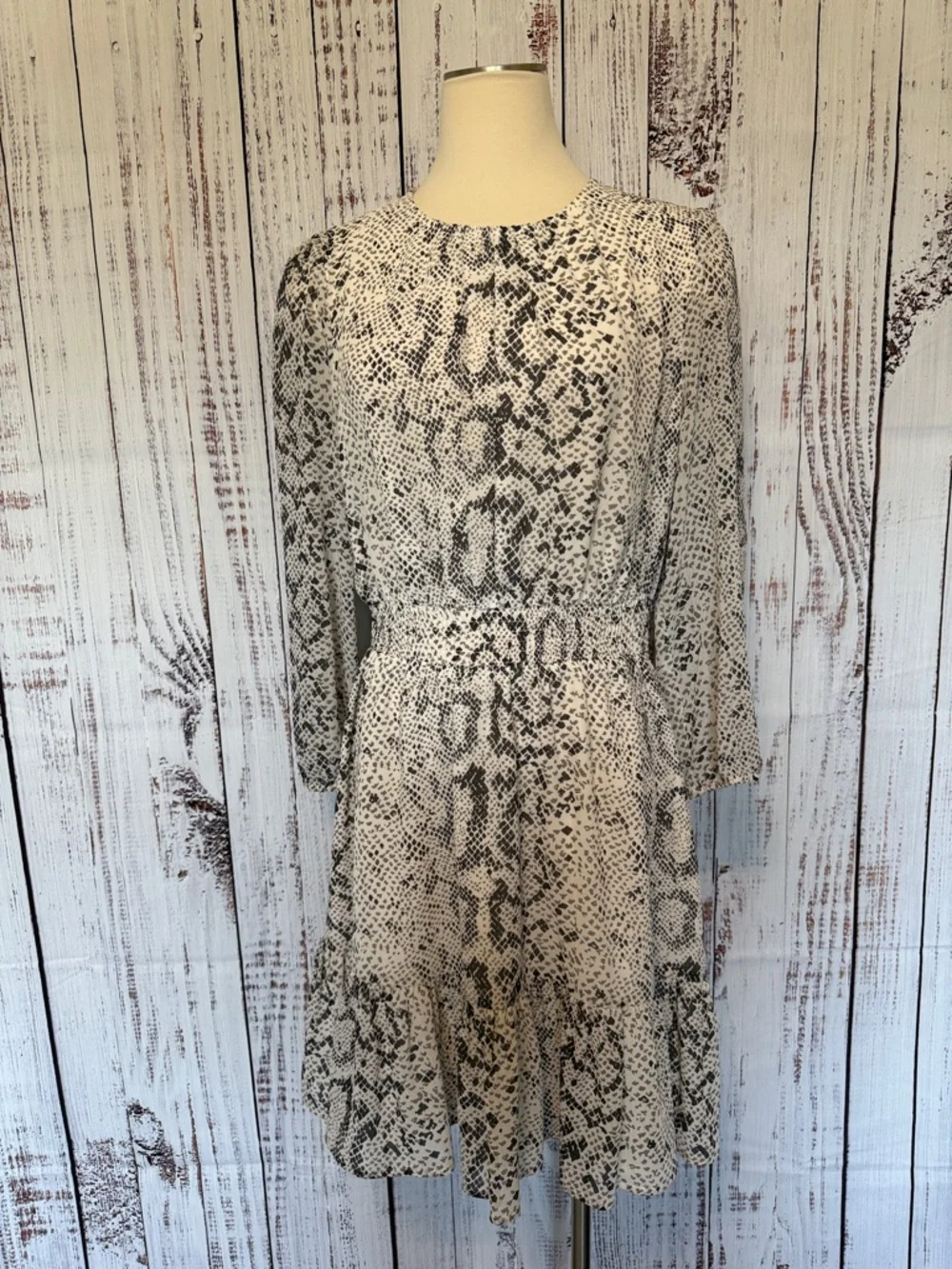 J. Crew Gray and White Snake-Print Long‎ Sleeve Dress